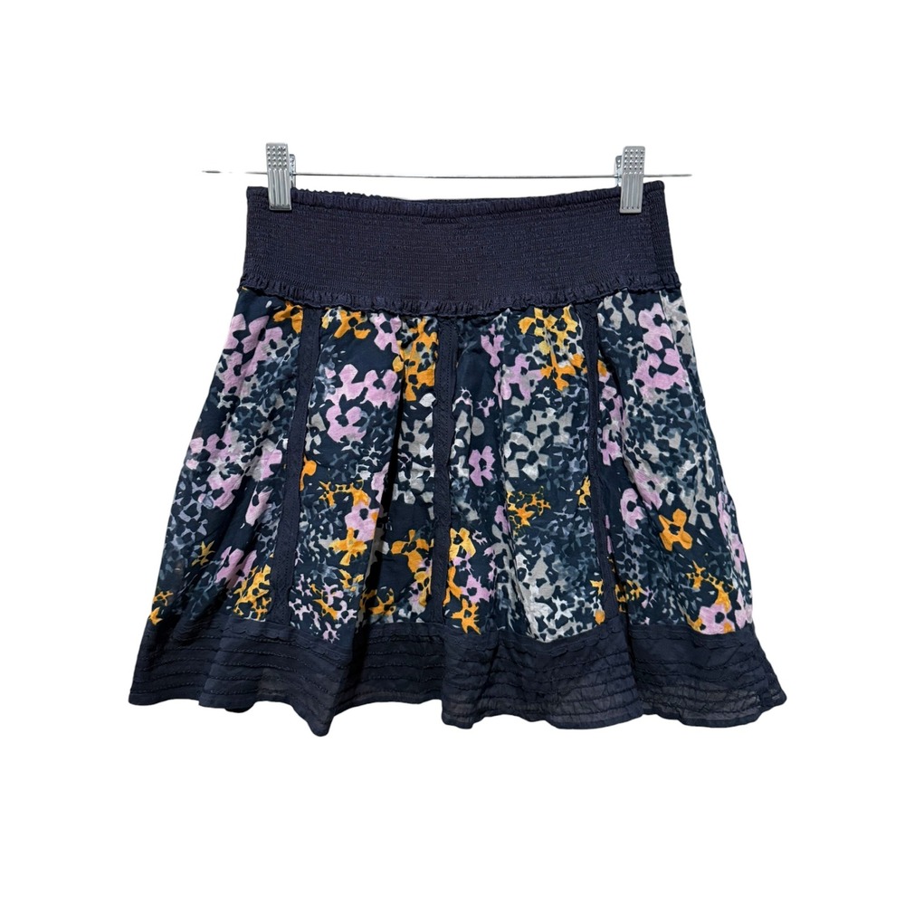 Free People Floral Skirt Sz S Blue Purple Smocked Boho Festival Coastal Beach